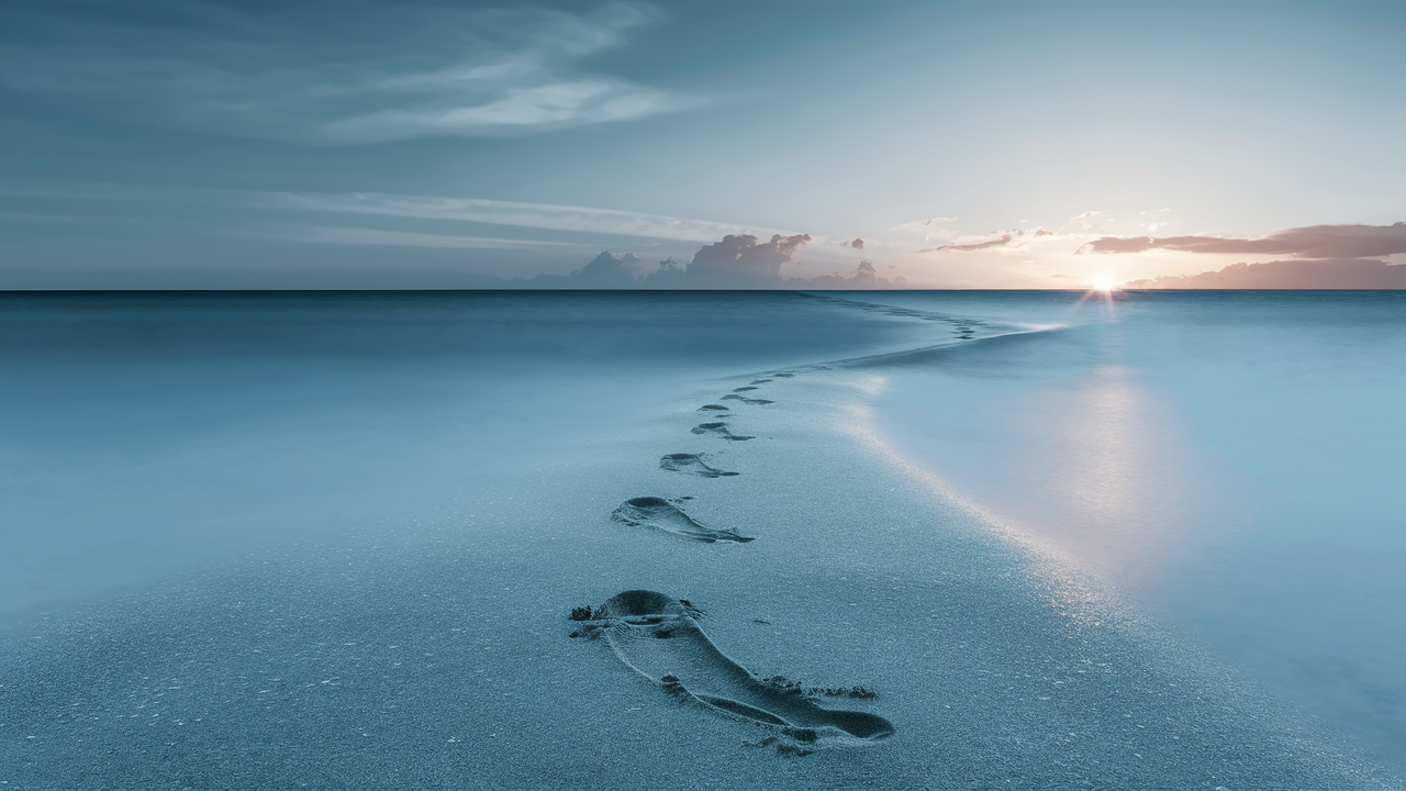 A serene beach scene during sunset. A series of footprints lead from the foreground towards the horizon, where the sun is setting, casting a warm glow on the calm waters. The sky is painted in hues of blue and orange, with a few scattered clouds reflecting the sun's light. The beach appears to be wet, possibly due to a recent tide, and the water's surface is smooth, suggesting a long exposure shot.