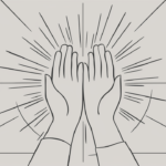 Two hands, seemingly placed together in a gesture of meditation. Radiating from between the hands are lines of light or energy, emanating outwards in all directions.