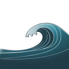 A stylized depiction of a wave. The wave is illustrated in a gradient of blue, transitioning from a darker shade at the top to a lighter one at the bottom. The wave's crest is white, suggesting the foam or froth created by the wave's movement. The wave is set against a stark white background, emphasizing its form and movement.